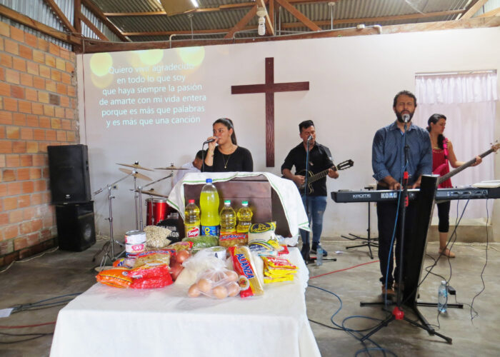 Food on the altar Mar. 1 at the Mennonite church in the Rumococha neighborhood of Iquitos