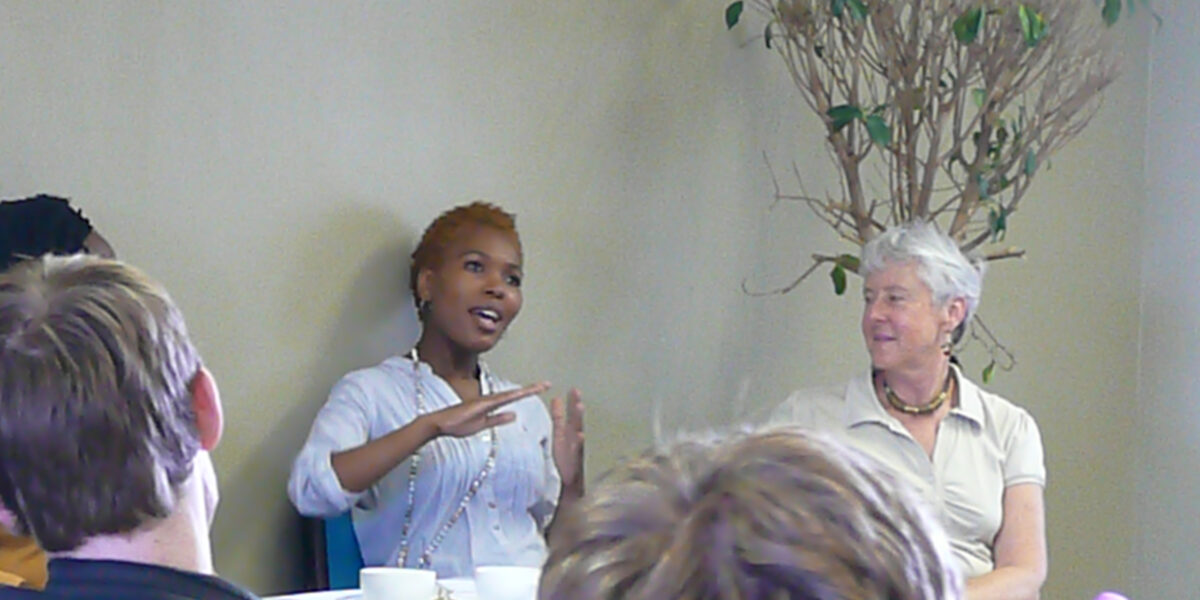 Slindile Thabede speaks during an Anabaptist Network in South Africa Dialogue in Cape Town. Lynn Pedersen is to Thabede's right. Dialogues occur in Cape Town and Johannesburg on a quarterly basis