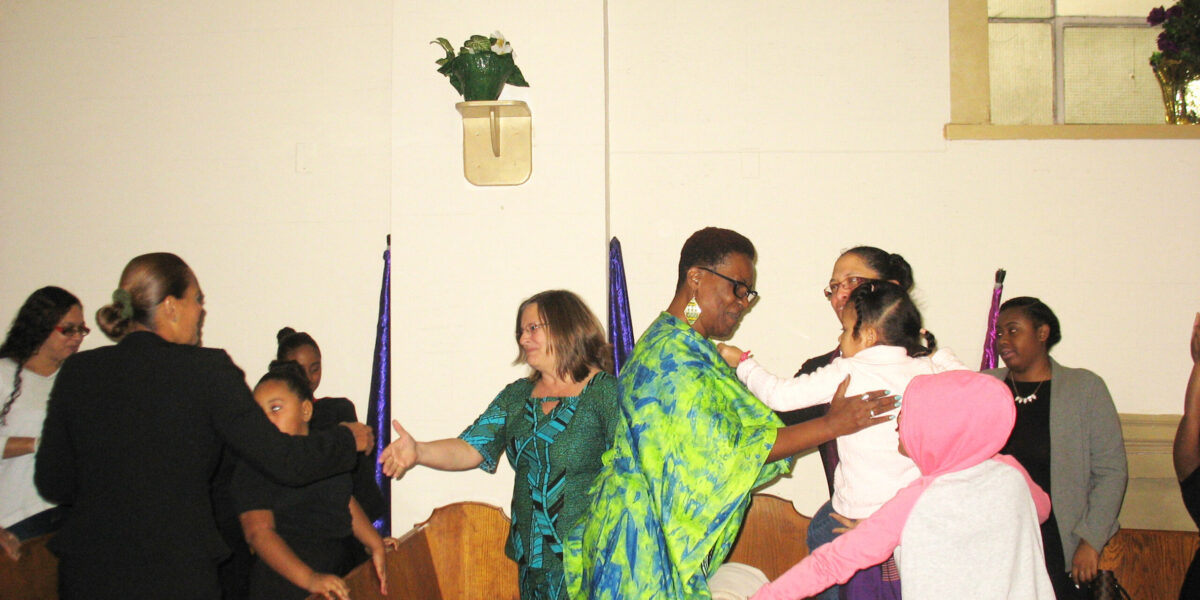 Sandy Miller (middle-left) and Ann Jacobs (middle-right) are co-leaders of the Work In Progress Ensemble along with Lefuarn Harvey (not pictured). Download full-resolution image.