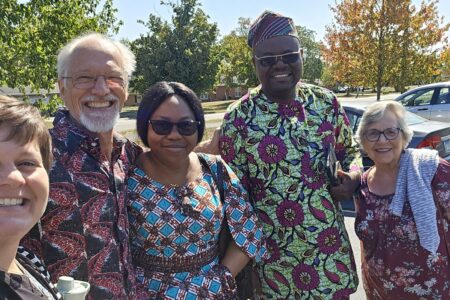 Cindy Voth, Rod Hollinger-Janzen, Jocelyne Ahoga, Germain Dossou and Rachel Stoltzfus enjoy time together during the Benin Bible Institute (BBI) representatives’ visit to Waterford Mennonite Church (WMC) in 2024. Voth is lead pastor at WMC. Ahoga and Dossou are BBI representatives. Hollinger-Janzen and Stoltzfus are on WMC’s partnership planning committee. Photo provided.