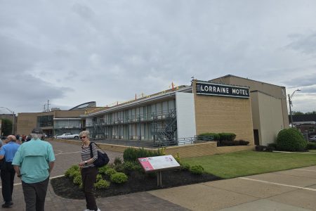 The pilgrimage visited the National Civil Rights Museum in Memphis, Tennessee. Tom Mason, Sally Mason, and Loy Hoskins approach the building, still labelled Lorraine Motel, the place where Dr. Martin Luther King, Jr. was assassinated in 1968. Photo by Natalie Dixon.