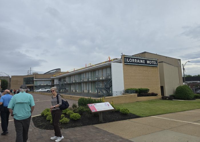 The pilgrimage visited the National Civil Rights Museum in Memphis, Tennessee. Tom Mason, Sally Mason, and Loy Hoskins approach the building, still labelled Lorraine Motel, the place where Dr. Martin Luther King, Jr. was assassinated in 1968. Photo by Natalie Dixon.