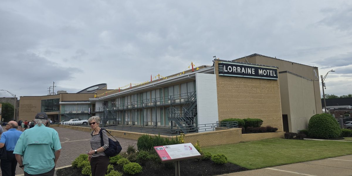The pilgrimage visited the National Civil Rights Museum in Memphis, Tennessee. Tom Mason, Sally Mason, and Loy Hoskins approach the building, still labelled Lorraine Motel, the place where Dr. Martin Luther King, Jr. was assassinated in 1968. Photo by Natalie Dixon.