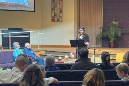 Colorado Springs Service Adventure participant Shawna Hurst shares at church in 2024.