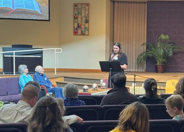 Colorado Springs Service Adventure participant Shawna Hurst shares at church in 2024.