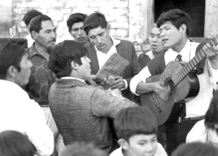 1972. Group singing at a baptism, League 17, Chaco, Argentina.