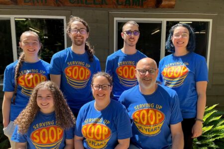 The Cobb family at Drift Creek Camp in matching SOOP shirts. Top row (left to right): Sydney, Ivan, Garrison, Emma. Bottom row (left to right): Alyssa (Ivan's wife), Jen, Adam. Photo provided.