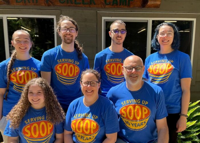 The Cobb family at Drift Creek Camp in matching SOOP shirts. Top row (left to right): Sydney, Ivan, Garrison, Emma. Bottom row (left to right): Alyssa (Ivan's wife), Jen, Adam. Photo provided.