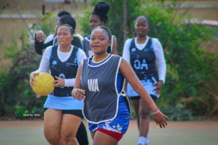 Febiana Attie Moseki, Lemo Kabelo, Kedi Dipatane, and Joy Lerole, members of the Bokgoni Sporting Club’s Women’s Netball team, combine their love of the game with witnessing to God’s love. Photo provided.