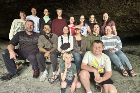 Front row: Willmar Harder and Larry Ruffin III, Norah Yoder, Julia Boller, Cade and Gretta Rempel Fisher. Back row: Lydia Esh, ________ Wyatt Fisher, Reuben Harder, Grace Miller