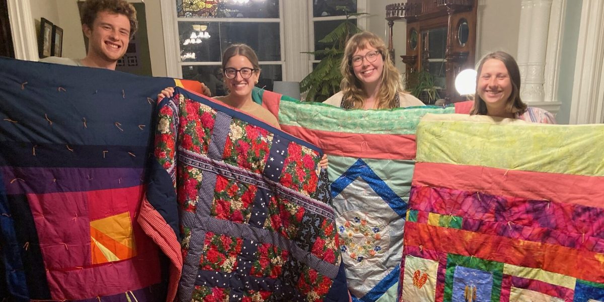 Each year, the San Francisco MVS unit is invited to gather together and craft comforters for themselves. Karen Kreider Yoder, a member of the unit's host congregation, First Mennonite Church of San Francisco, hosts the group at her home for this annual tradition. At the end, each participant takes home their own cozy comforter to use during their service term and beyond! Left to right: Keyan Krabill, Bella Kephart, Emmi Scott and Ana Neufeld Weaver. Photo by Karen Kreider Yoder.
