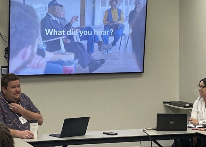 Andrew Suderman (left) and Joani Miller (right) give their presentation on Just Peace Pilgrimages at Pastors and Leaders Conference on February 19. Photo by Sara (née Gurulé) Peachey.