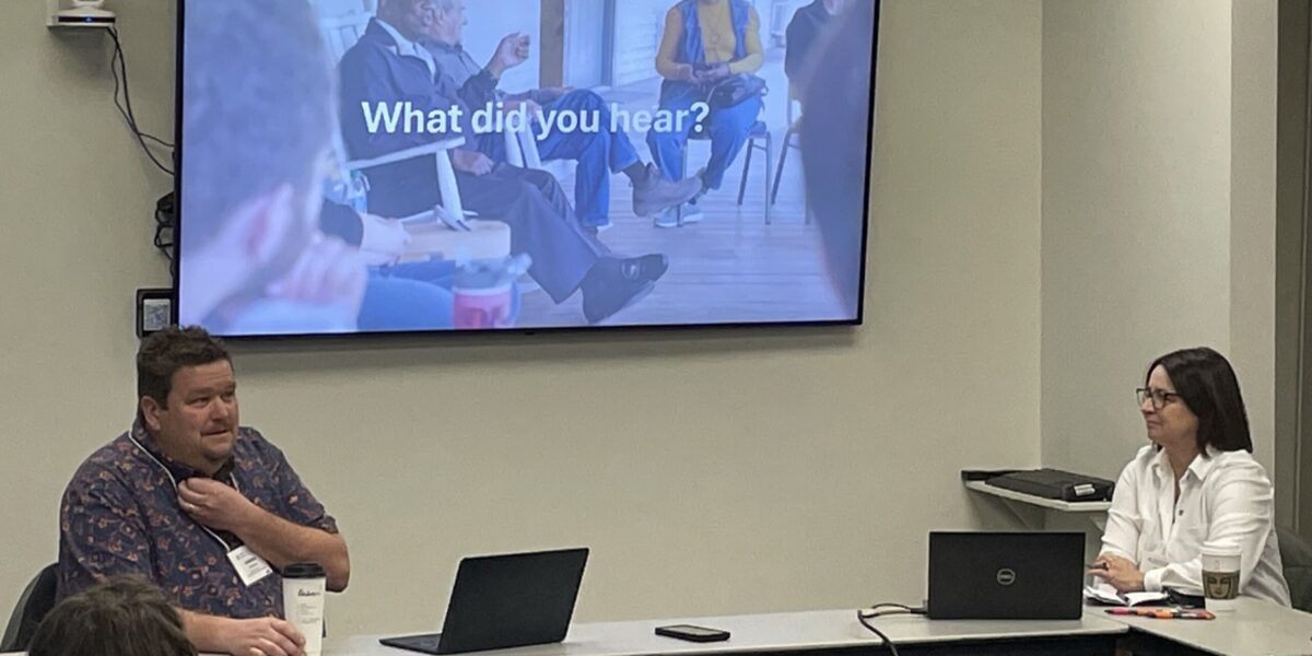 Andrew Suderman (left) and Joani Miller (right) give their presentation on Just Peace Pilgrimages at Pastors and Leaders Conference on February 19. Photo by Sara (née Gurulé) Peachey.