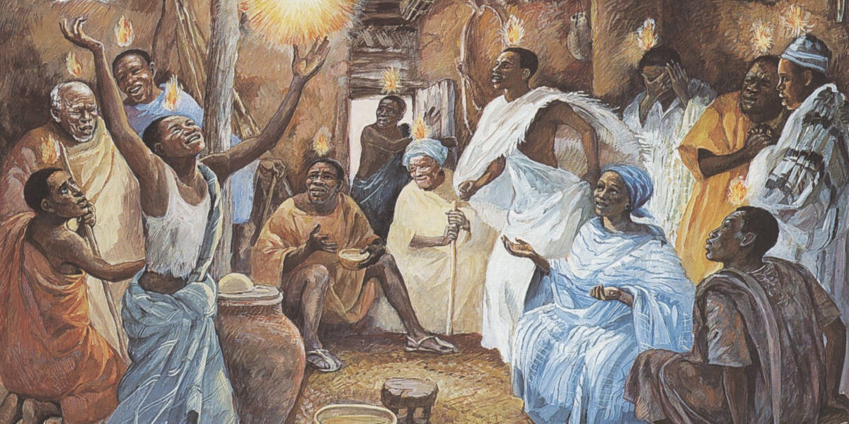 ​This Pentecost scene is one of a series of Jesus Mafa paintings inspired by biblical dramas enacted by a Christian community in Cameroon. Image credit: Vanderbilt Divinity Library.