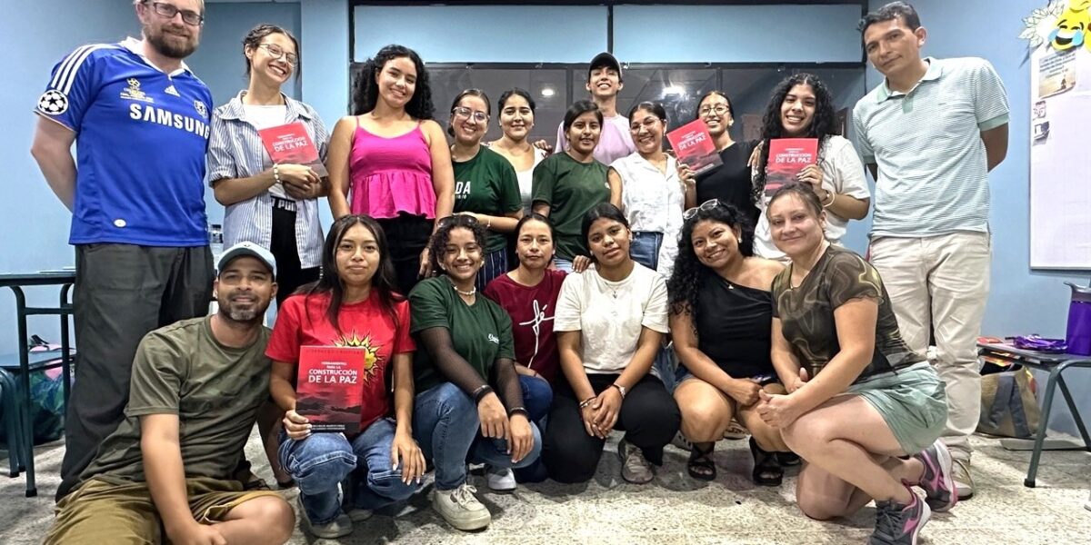 Youth from Portoviejo, Pacoche, Montecristi and Manta, representing Iglesia Evangélica Menonita Ecuadoriana (conference most impacted by the violence), recently participated in a 10-day discipleship workshop at La Paz Mennonite Church in Manta, A day of peacebuilding training was led by four members of the peacebuilding team. Front: Silvia Guaman (middle) and Patricia Abarca (far right), and back: Peter Wigginton (far left) and José Giler (far right). Photo provided.