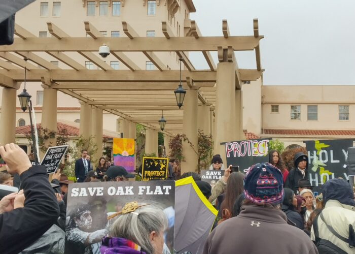 Members of Apache Stronghold and the Coalition for Dismantling the Doctrine of Discovery hold a prayer gathering.
