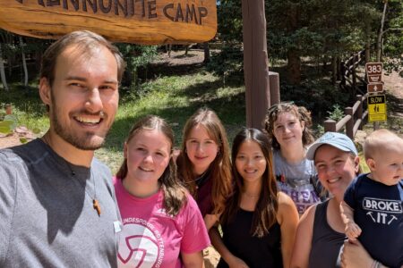 The 2024-25 Colorado Springs Service Adventure unit: Christian Stoltzfus (unit leader), Elizabeth Daudey, Alea Sagert, Hannah Smith, Sadie Sherman, Leigha Stoltzfus (unit leader) with daughter Naomi. Photo by Christian Stoltzfus.