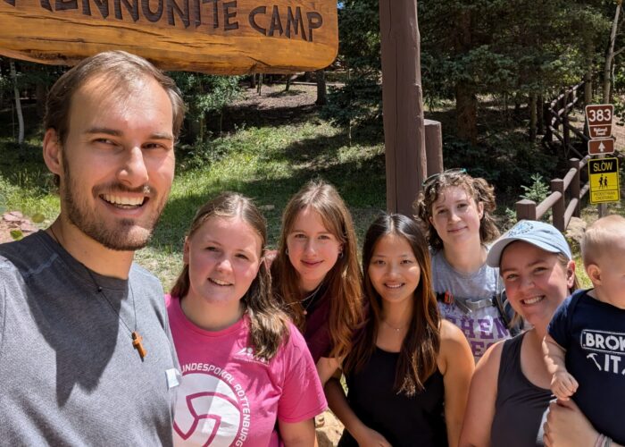 The 2024-25 Colorado Springs Service Adventure unit: Christian Stoltzfus (unit leader), Elizabeth Daudey, Alea Sagert, Hannah Smith, Sadie Sherman, Leigha Stoltzfus (unit leader) with daughter Naomi. Photo by Christian Stoltzfus.