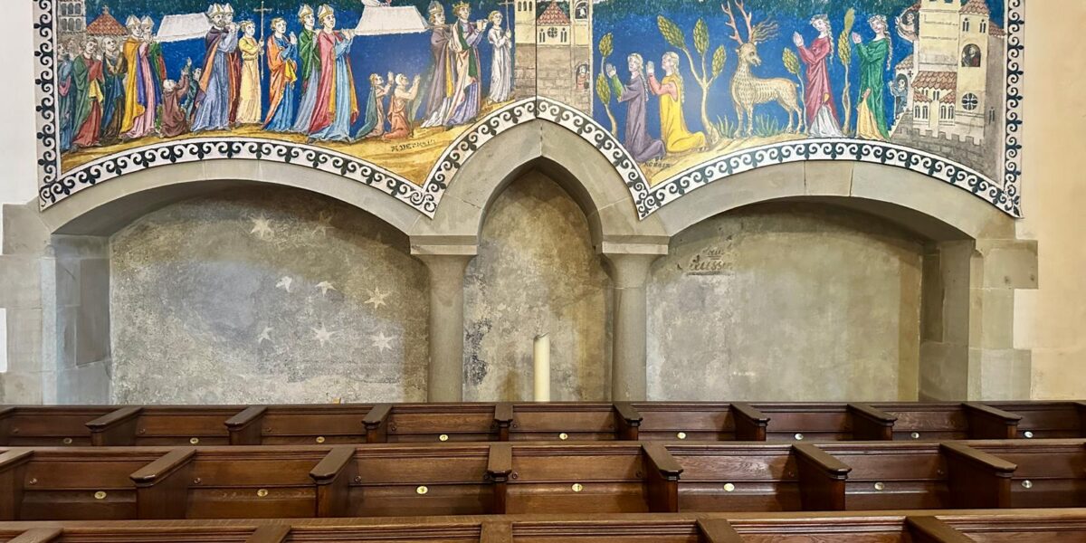 Mural of the legend of the of the founding of the Fraumünster (Women's Minster), a church in Zürich
