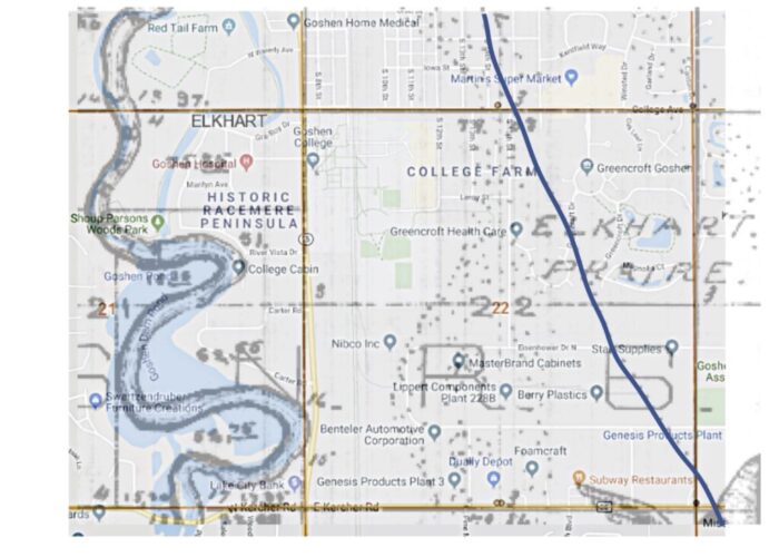 The main portion of this map is Section 22 of Elkhart Township. The Elkhart River is on the left side of the overlay. The blue line highlights the trail. Map courtesy of Google. Overlay courtesy of Luke Gascho.