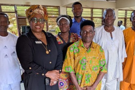 Mission Network Regional Director for Africa and Europe Sibonokuhle Ncube (in all black), poses with pastors and members of the Ghana Mennonite Church. Photo by Wil LaVeist.