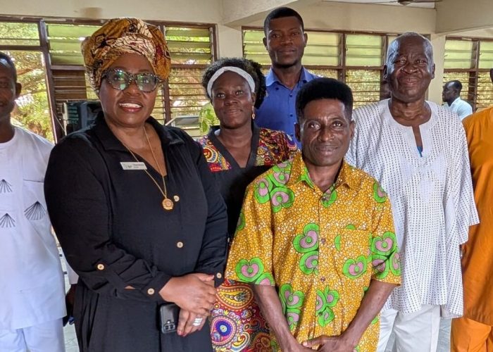 Mission Network Regional Director for Africa and Europe Sibonokuhle Ncube (in all black), poses with pastors and members of the Ghana Mennonite Church. Photo by Wil LaVeist.