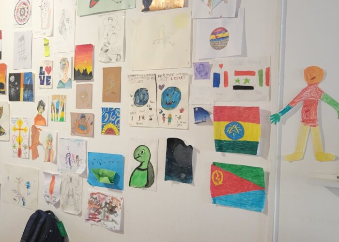 A wall decorated by children in the Maria Skobtsova House in Calais