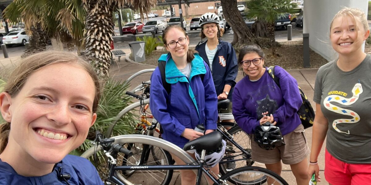 While some units have access to a vehicle, every group gets well accustomed to local public transportation and biking as means of getting around. The 2023-24 MVS Tucson unit on a weekend biking outing around the city. Left to right: Hannah Nuest, Deborah Yoder, Magdalena Wenger, Nely Cotuc, and Ally Weaver. Photo by Hanna Nuest.