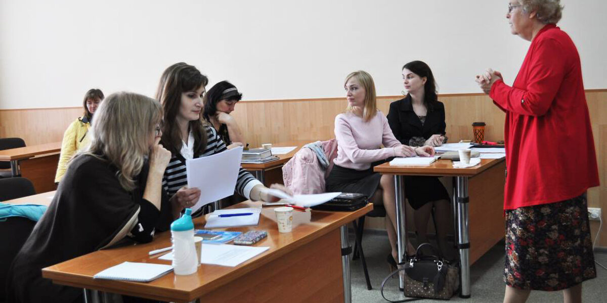 ​Mary Raber teaches a women's history course at Odessa Theological Seminary in 2018. Photo provided.