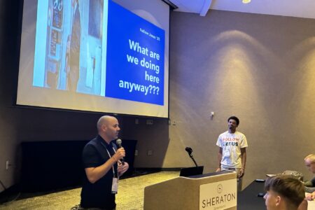 Director of Constituent Engagement Eric Frey Martin and Hesston College student Larry Ruffin present "What are we doing here, anyway?"