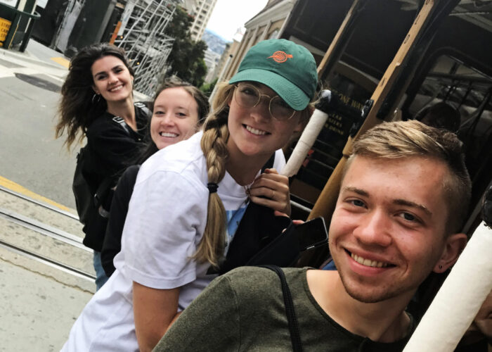 ​MVSers enjoy a ride on a cable car in San Francisco in August 2019. From left: Irena Xhari
