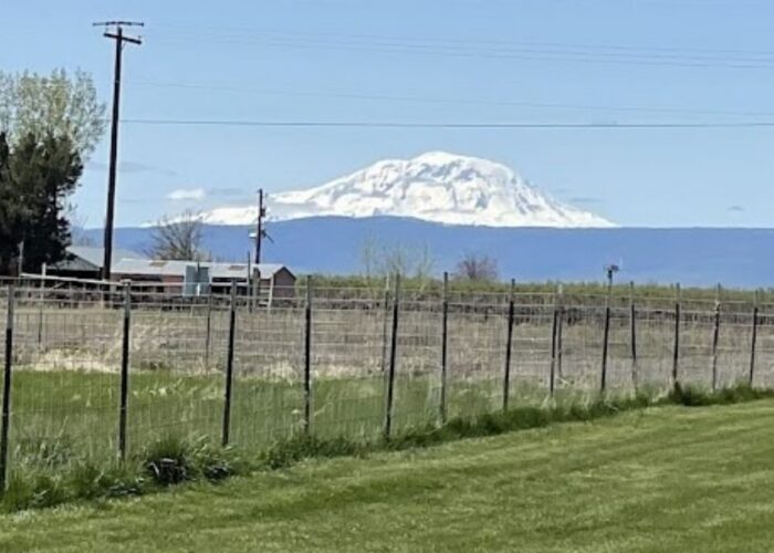 Participants on a Just Peace Pilgrimage to the lands of Confederated Tribes and Bands of the Yakama Nation were greeted by Pahto (Mt. Adams), a sacred mountain at the center of Yakama cosmology. Photo by Bruce Kuhns.